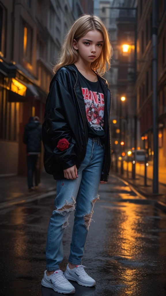 Photographie en gros plan, Jeune femme suicide girl avec des tatouages sur le corps, toute  poitrine sous son t-shirt, confiante aux cheveux blonds et roses avec une frange et des nattes, porter un blouson en jeans sans manches avec des motifs roses et bleus dessus, in a street soaked by rain at night, photoreallistic, lighting cinematic