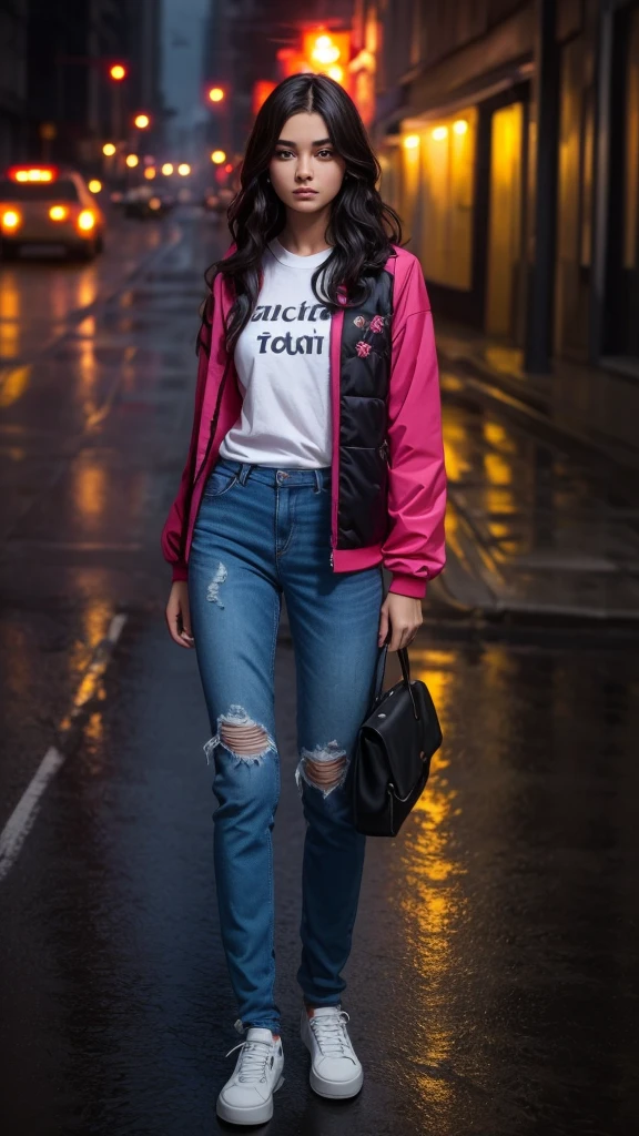 Photographie en gros plan, Jeune femme suicide girl avec des tatouages sur le corps, toute  poitrine sous son t-shirt, confiante aux cheveux blonds et roses avec une frange et des nattes, porter un blouson en jeans sans manches avec des motifs roses et bleus dessus, in a street soaked by rain at night, photoreallistic, lighting cinematic