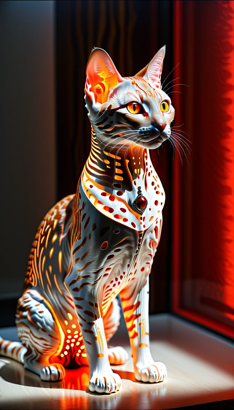 There is no one, realistic photo, realism, Ocicat (Ocicat) cat, future oriented, metal decoration, Shining red light inside, hollow interior, Polish, ray tracing, perfect composition, intricate details, Very sharp, masterpiece, profile, high resolution