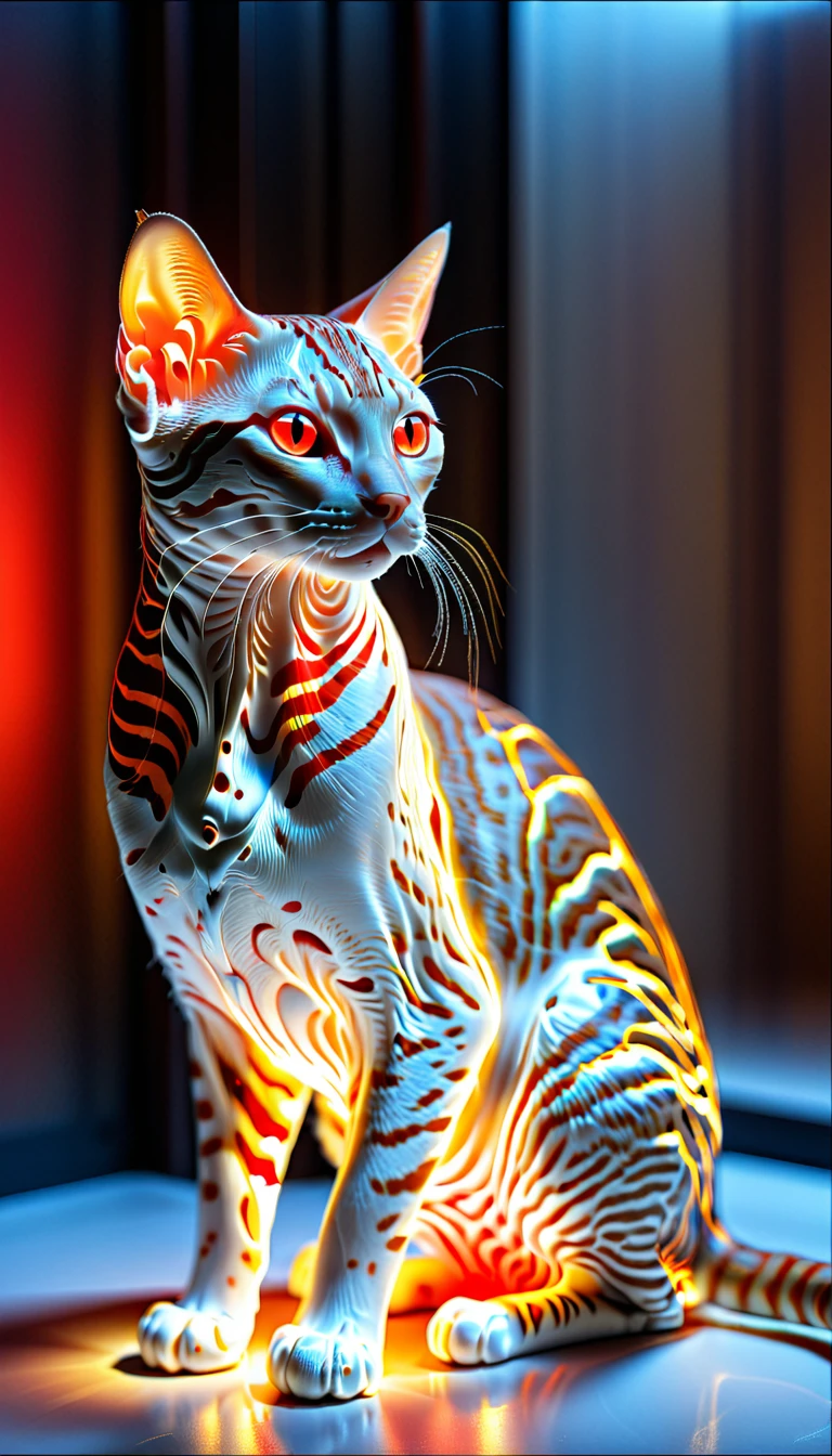 There is no one, realistic photo, realism, Ocicat (Ocicat) cat, future oriented, metal decoration, Shining red light inside, hollow interior, Polish, ray tracing, perfect composition, intricate details, Very sharp, masterpiece, profile, high resolution