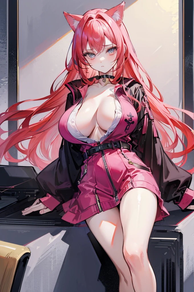 (masterpiece, Highest quality:1.2), highest quality, masterpiece, high resolution, Anime style, portraiture, ash red hair, pink hair, long hair, breasts cleavage, choker, black choker, looking at viewer, barefoot, gold eyes, ((big breasts, huge breasts, large breasts, ample breasts)), cat ears, multicolored hair, gradient hair, front exposure, zipper is open