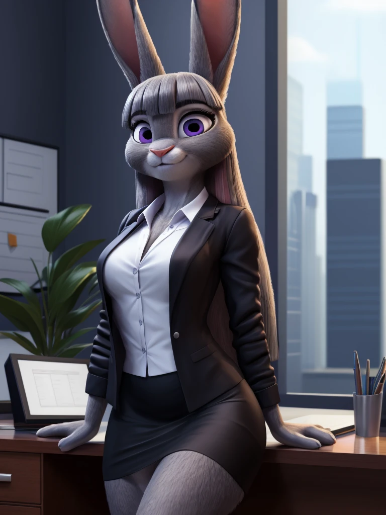 best quality,
masterpiece,
High quality
ultra-detailed
beautiful detailed,
hyper Realistic,
8k , 16k,
3D,
Portrait,
Looking at the audience,
detailed background,
background is an office,
(Face is JudyHopps:1.1),
((long straight hair)),
(see-through bangs:1.3),
beautiful eyes,
bright purple eyes,
(arched eyebrows:1.2),
(uplift eyebrows:1.1),
(rabbit ears:1.1),
office lady is wearing suit,
((White blouse)),
((Black blazer jacket)),
((Black skirt)),
clothes made of cotton,
(solo:1.5),
(1 lady:1.5),
one character only
alone,
Perfect Anatomy