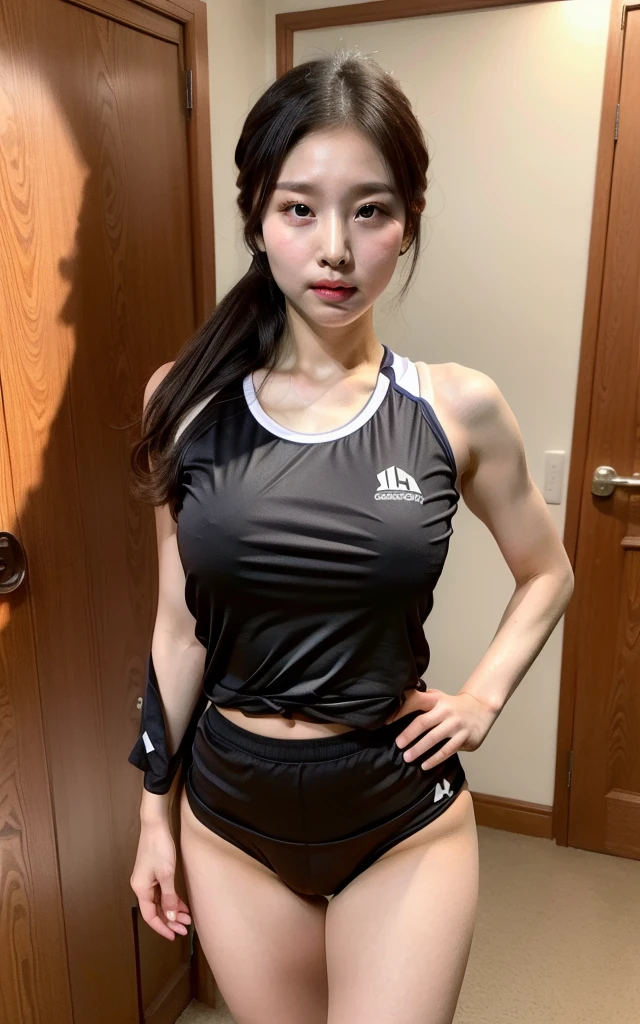 masterpiece,best quality, (sexy athletic body), ((portrait:1.5)), makeup, volleyball uniform sweaty:1.2, ((panties sexy:1.2)),sweaty skin:1.5, ((seduction expression)), standing position style