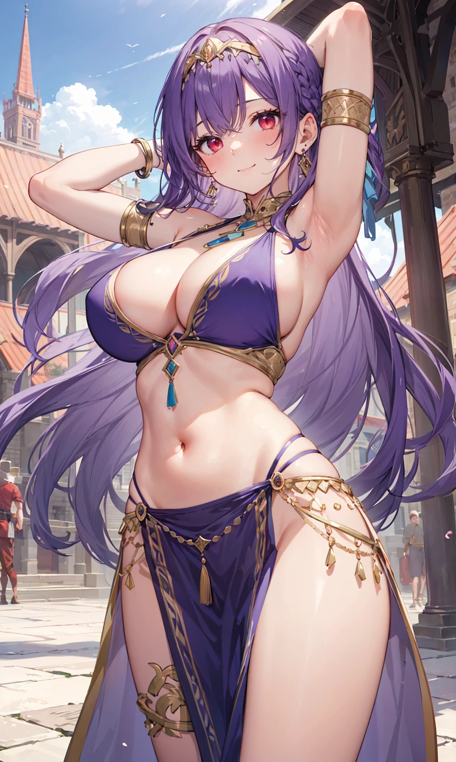 high quality, ultra detailed, best quality, insanely detailed, beautiful, masterpiece, 1girl, medieval plaza, cowboy shot, red eyes, long hair, purple hair, belly dancer, circlet, earrings, armlets, bracelets, bashful smile, large breasts, cleavage, soft stomach