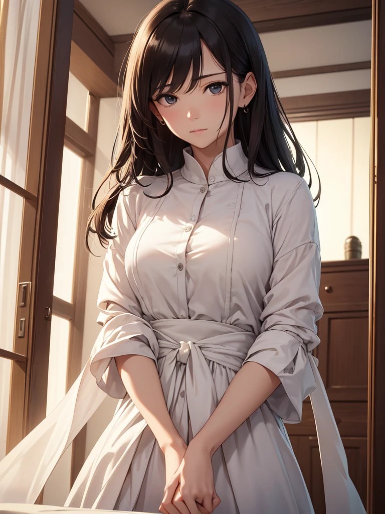 (masterpiece、top-quality、hight resolution、Unity 8k Wallpaper、extremely details CG:1), A calm and composed-looking married woman, with a calm and composed expression on her face, witnesses someone's failure and says, "Oh my goodness, dear. She does not scold strongly, but conveys the subtle message that now that she knows, she cannot hide it. Her demeanor shows a calm, understanding approach, and she asks implicitly, "Do you know what the right thing to do in a situation like this is?" she asks implicitly. The setting is a cozy, well-appointed room that captures the moment of her gentle intervention.