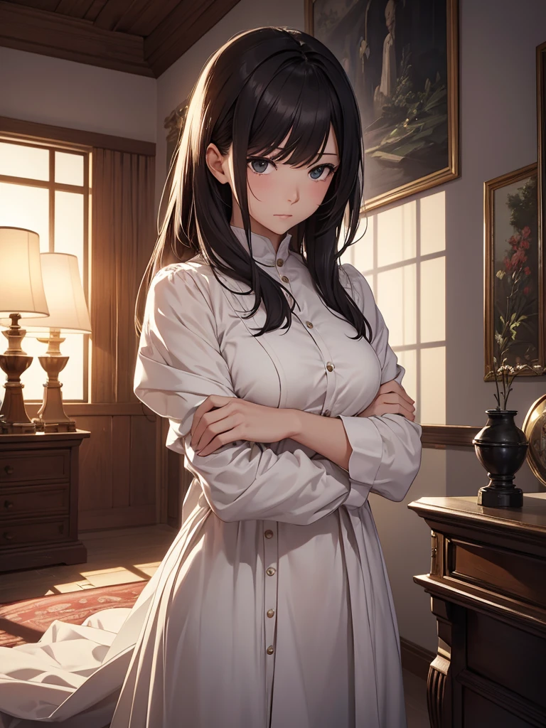 (masterpiece、top-quality、hight resolution、Unity 8k Wallpaper、extremely details CG:1), A calm and composed-looking married woman, with a calm and composed expression on her face, witnesses someone's failure and says, "Oh my goodness, dear. She does not scold strongly, but conveys the subtle message that now that she knows, she cannot hide it. Her demeanor shows a calm, understanding approach, and she asks implicitly, "Do you know what the right thing to do in a situation like this is?" she asks implicitly. The setting is a cozy, well-appointed room that captures the moment of her gentle intervention.