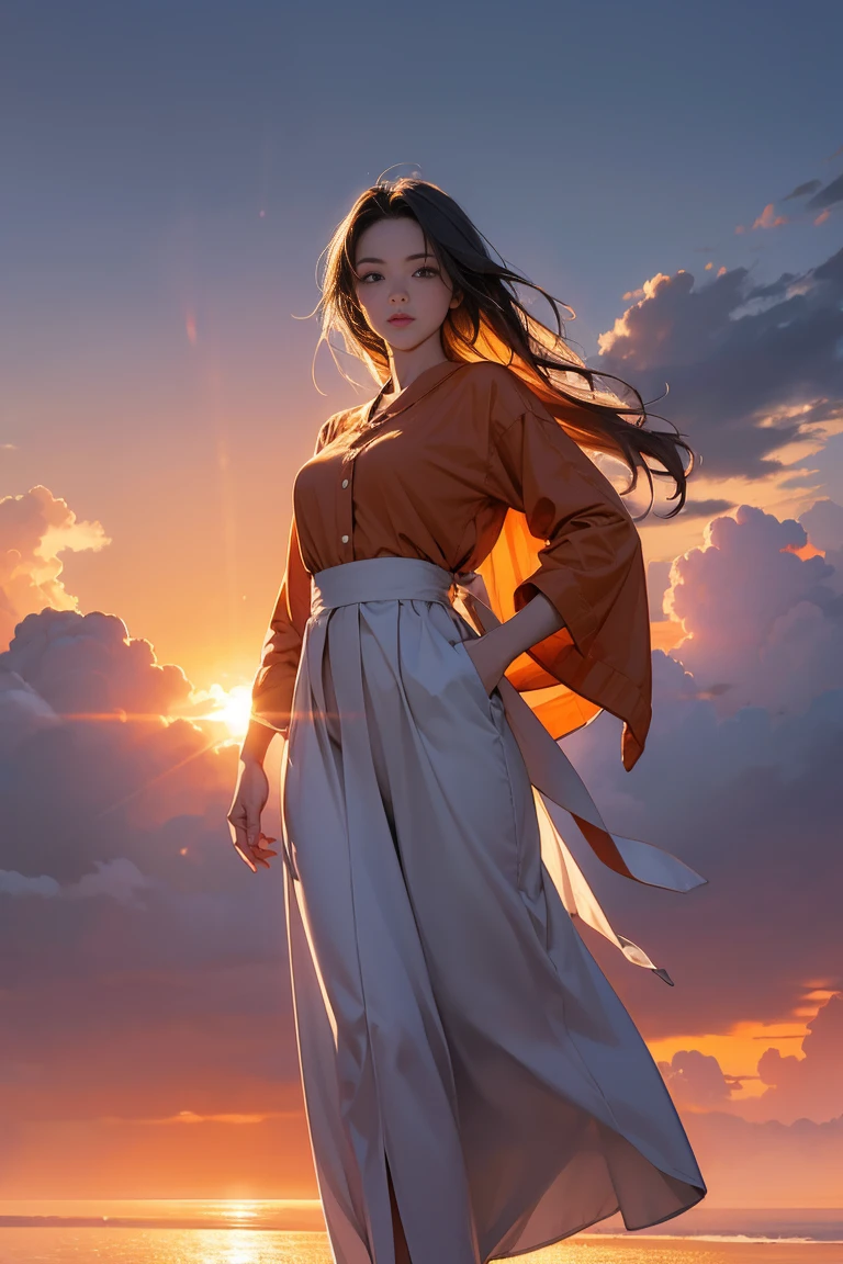 ((Masterpiece, top quality, high resolution)), ((highly detailed CG unified 8K wallpaper)), There is a plane flying in the morning sky, cloudy morning sunrise, strong sun rising in the sky, moody morning sunrise in the background, orange sky outside, cloudy morning sunrise, sky setting, morning sunrise in the background, sunrise is, morning sunrise in the background, sky in the background, sky in the background, dramatic sky and, full body,