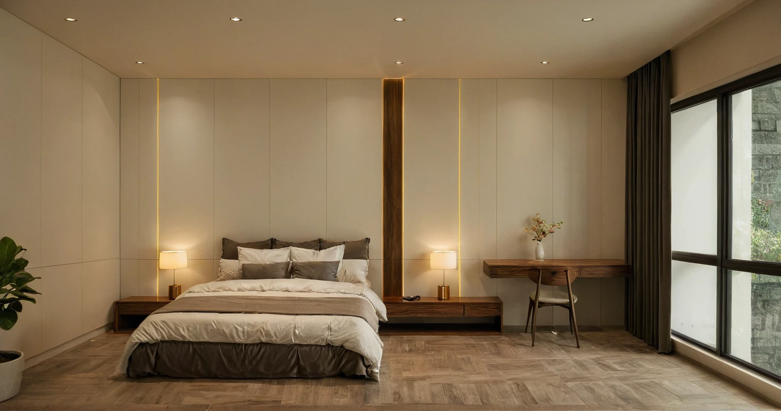 Raw photo,Masterpiece, high quality, best quality, authentic, super detail, interior, indoors, style Indochine modern, minimalist line, aiaigroup , wooden, walnut veneer wood, led light, white paint wall, sofa, BED RooM, day light, atrium