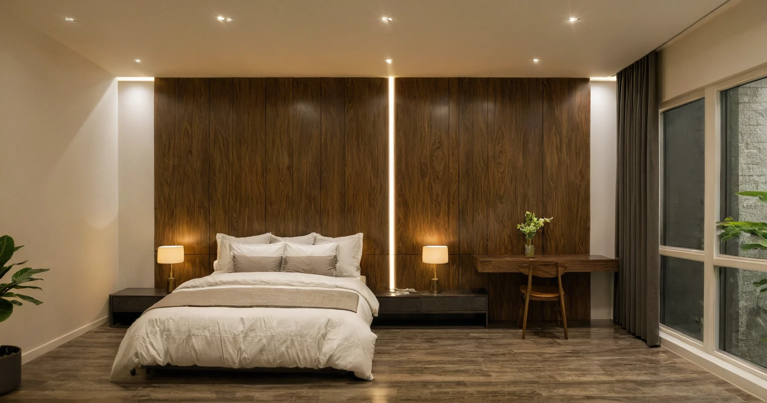 Raw photo,Masterpiece, high quality, best quality, authentic, super detail, interior, indoors, style Indochine modern, minimalist line, aiaigroup , wooden, walnut veneer wood, led light, white paint wall, sofa, BED RooM, day light, atrium