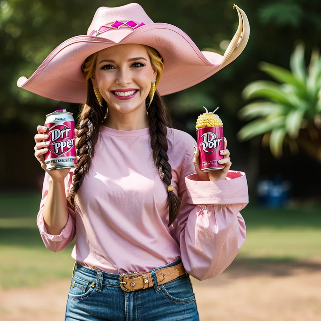 An ear of corn with a face, wearing a pink cowboy hat and holding a can of Dr Pepper