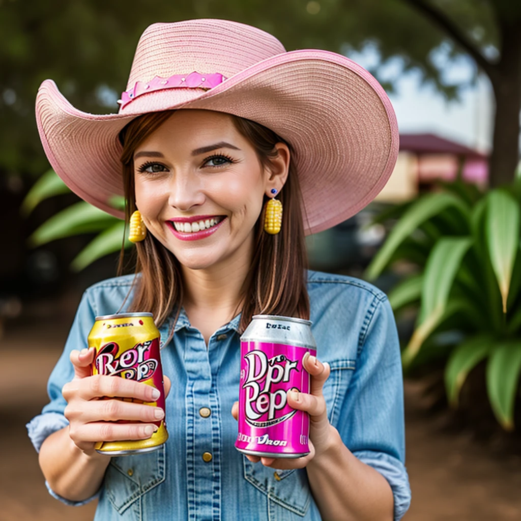 An ear of corn with a face, wearing a pink cowboy hat and holding a can of Dr Pepper