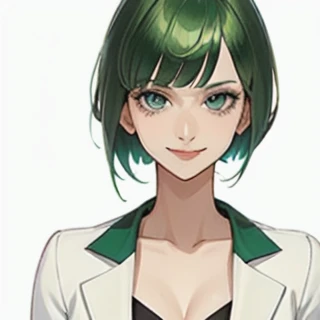green hair,Emerald hair,short hair,short hair,bright face,upper body up,chest up,business woman,intellectual,smile,white jacket,laughter,30 years,drooling eyes, alone,Flow of hair that extends to the face,Big light blue eyes shine charmingly,green one piece,eyeliner,Shining white skin,big bangs,beautiful bangs,