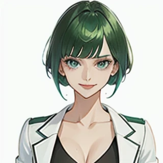 green hair,Emerald hair,short hair,short hair,bright face,upper body up,chest up,business woman,intellectual,smile,white jacket,laughter,30 years,drooling eyes, alone,Flow of hair that extends to the face,Big light blue eyes shine charmingly,green one piece,eyeliner,Shining white skin,big bangs,beautiful bangs,