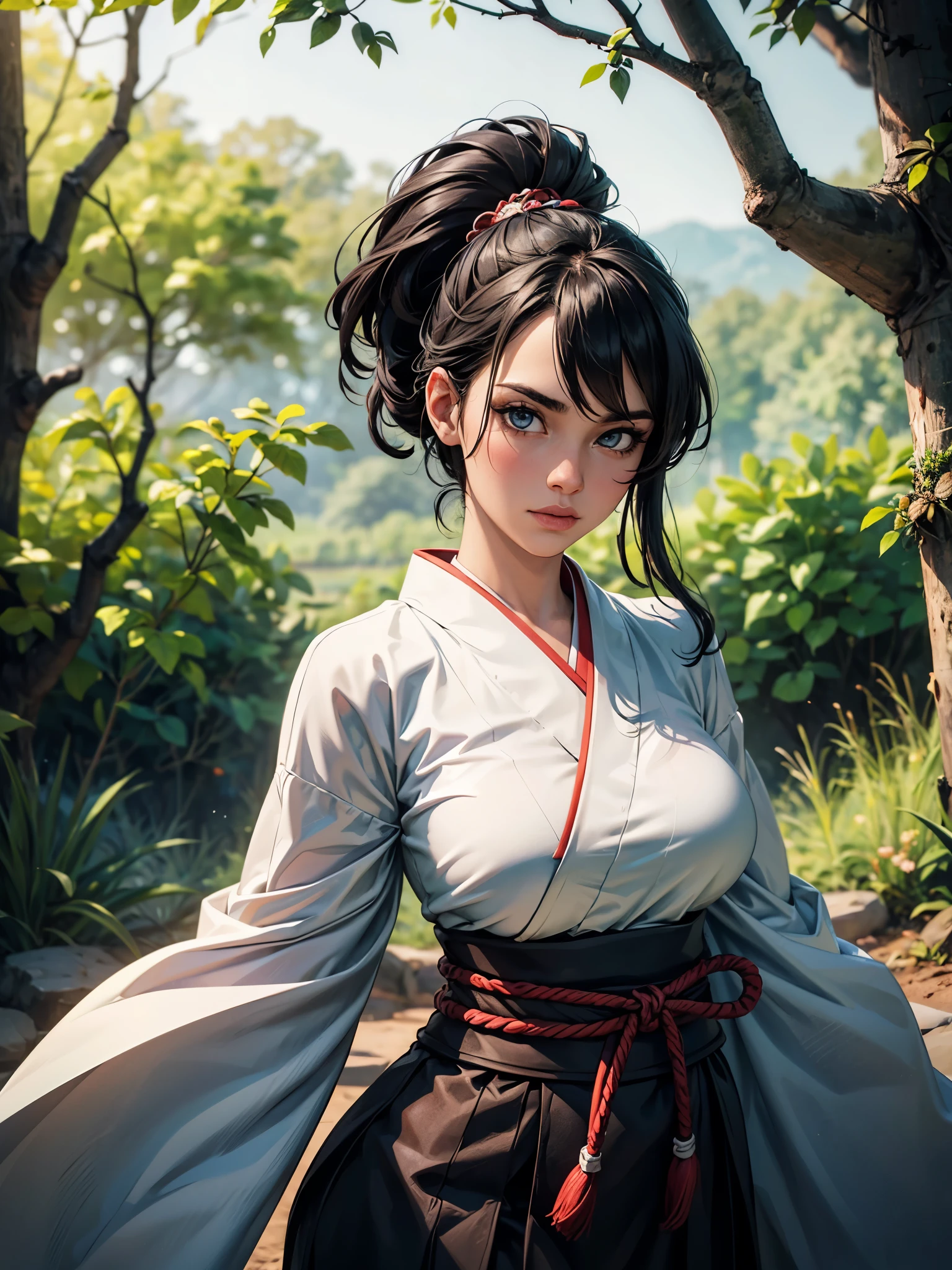 {{{masterpiece}}}, {{{best quality}}}, {{ultra-detailed}}, {cinematic lighting}, {illustration}, {beautifuly detailed eyes}, {1girl}, extremely detailed, 1girl, solo,  A beautiful samurai warrior, black hair in a long ponytail, wearing white and black kimono, warrior, serious, brown eyes, huge breasts, hourglass figure, facing viewer, outdoors, woodland background, highly detailed face and clothing, slightly narrow eyes, perfect face, fair skin, hair bangs, long hair, cowboy shot, noble beautiful, traditional Japanese clothing, samurai woman, side view , huge breasts , sultry look, seductive
