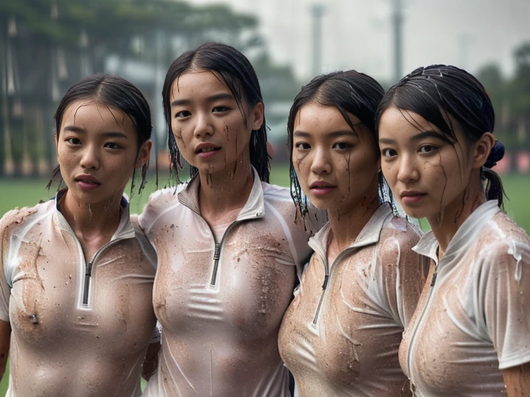 (A dirty field hockey uniform with plain white short sleeves and a very tight white half zip:1.7)、(A large, dirt-stained, white, square collar: 1.6)、(Red clay ground:1.5)、My hair is wet and messy、(Beautiful Japanese woman covered in dirt:1.6)、Highest quality, masterpiece, Ultra-high resolution, Photorealistic, Raw Photos,Detailed face,(Muscular woman:1.4), (Fastener open: 1.8), (Upper body zoom up:1.0),(Everyone wears the same clothes:1.0), All members are super beauties, (Three beautiful Japanese women standing quietly: 1.7), (Hair tied up: 1.4), (Expressionless:1.6), Bright photo, (My whole body is drenched in rain: 1.8), (Covered in mud and earth: 1.2)