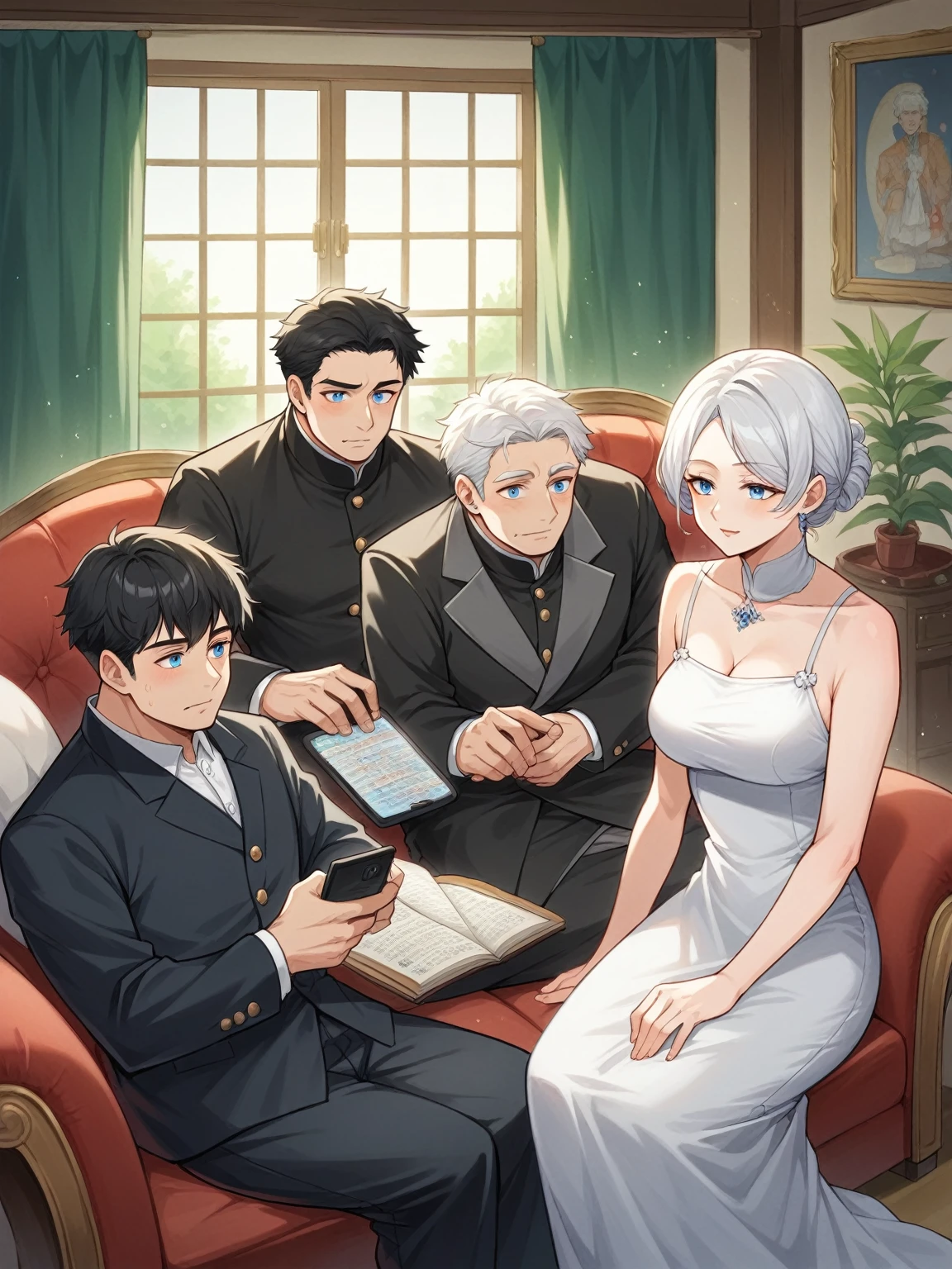 gramophone วินเทจ, simple living room , Quiff hairstyle, black short hair,Family sitting and resting , old phonograph, gramophone,Listen to music,rest day ,The background is the house. , 3 men, 3 men, (30 year old man:mature man,สวมใส่white dress,black hair, blue eyes),(2 year old boy:black dress,black hair,blue eyes),(2 year old boy:white dress,white hair,blue eyes)