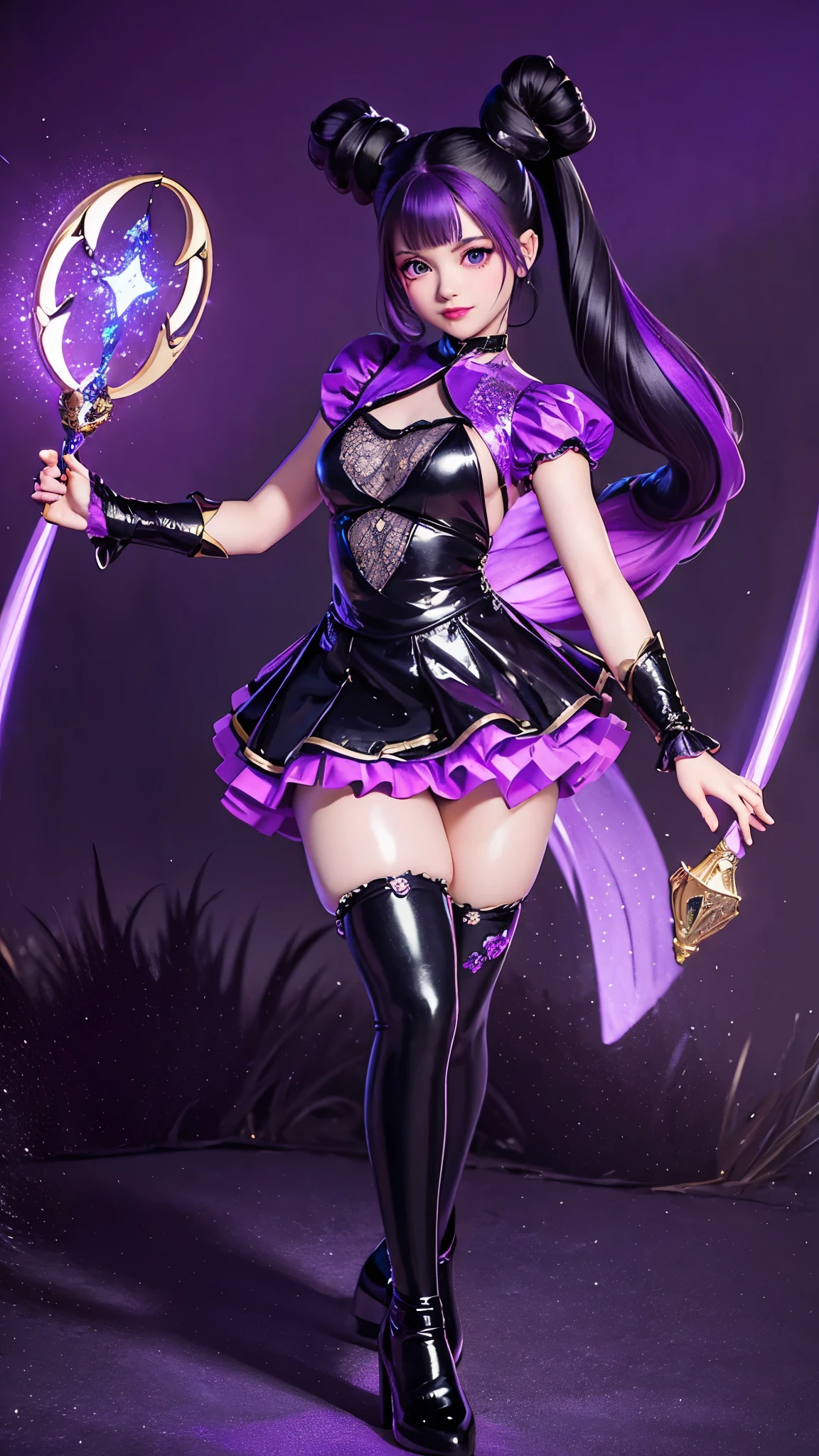 A young girl with long, dark purple hair tied into twin tails, wearing an elegant witch dress in black with purple and gold accents, adorned with lace and ribbons. She holds a magical rabbit doll that is purple with white and gold accents. Her large purple eyes are full of energy and cheerfulness. She wears high boots with long, striped socks, standing against a mystical magical world backdrop, filled with a magical aura and shimmering lights."