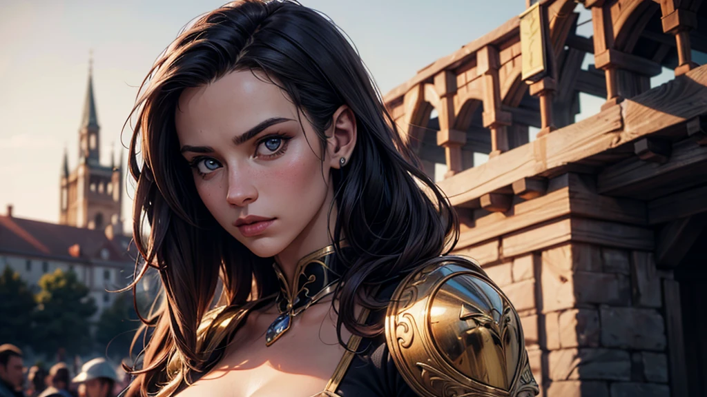 (masterpiece), (extremely intricate:1.3),, (realistic), portrait of a girl, the most beautiful in the world, (medieval armor), metal reflections, upper body, outdoors, intense sunlight, far away castle, professional photograph of a stunning woman detailed, sharp focus, dramatic, award winning, cinematic lighting, octane render, unreal engine, volumetrics dtx, (film grain, bokeh, blurry foreground, blurry background), crest on chest, sultry look, seductive
