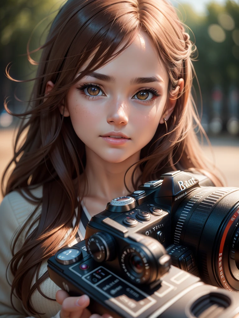Beautiful girl photographer, brown-hair, brown eye, (8K, photo in RAW format, beste-Qualit, tmasterpiece:1.2), Ultra-detailed, (high-detailed skin:1.2), 8K UHD, DSLR camera, soft-lighting, hiquality