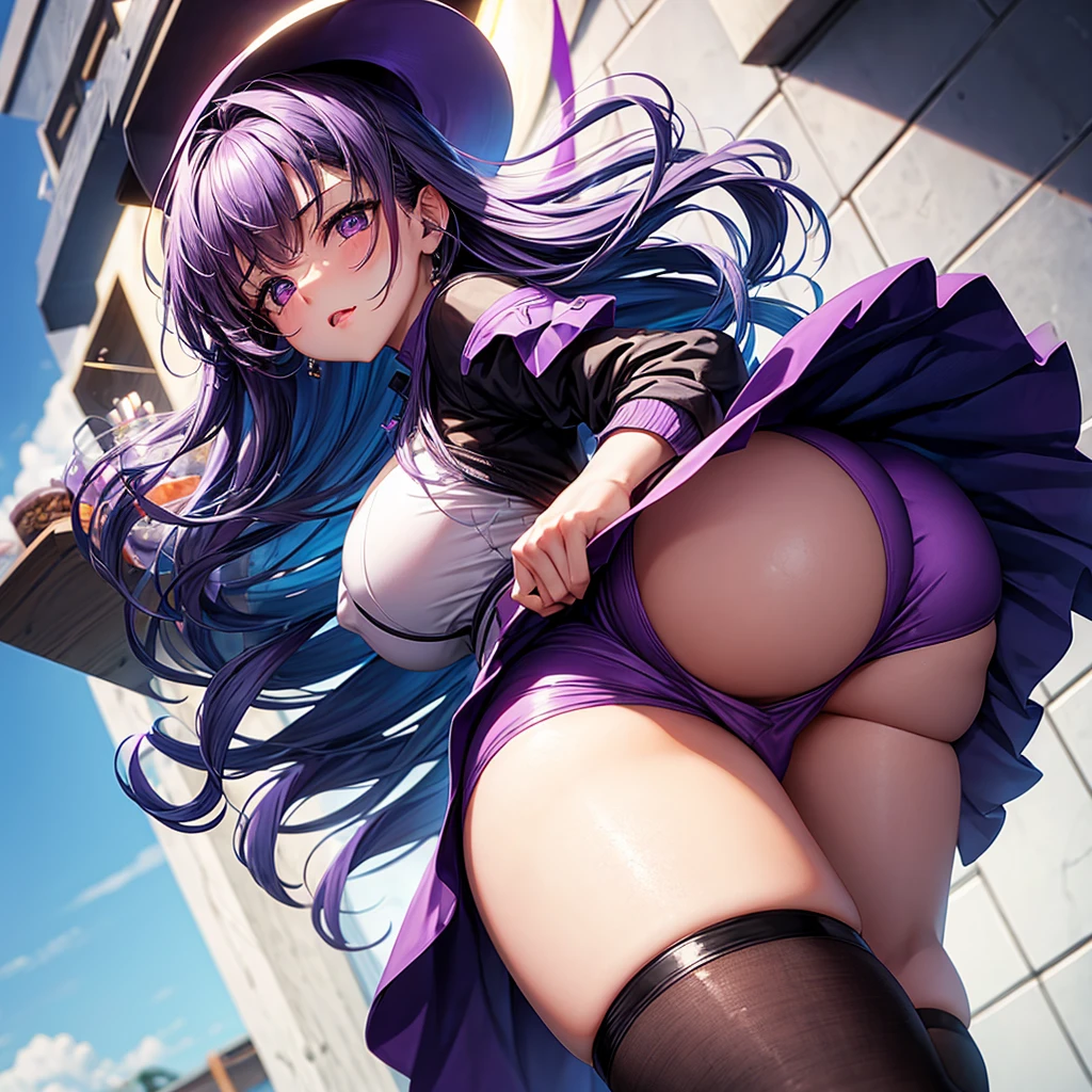 Fuck a girl with big butt breasts in a purple skirt leaning on a table and fuck a shot from below