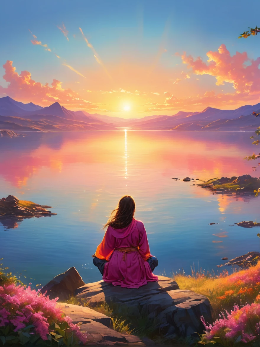 Imagine a peaceful and tranquil sunrise, Atop a hill, embraced by the calm waters surrounding it, imagine a single figure basking in the first light of daybreak, The sky blushes with hues of oranges and pinks as the sun peaks from the horizon casting its warm glow onto the water, imbuing it with the same brilliance, The figure sits, looking out onto the shimmering surface of the water, the gleaming sun in the distance marking the hopeful beginning of a new day, The scene is flooded with bright, vibrant colors and the light of dawn creates dramatic shadows, enhancing the grandeur of the environment. The vantage point is similar to that offered by a wide-angle lens, providing a panoramic view of the vast wilderness, under the theme of adventure and exploration.