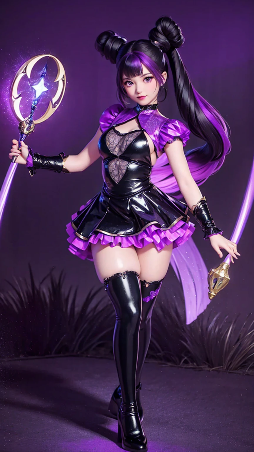 A young girl with long, dark purple hair tied into twin tails, wearing an elegant witch dress in black with purple and gold accents, adorned with lace and ribbons. She holds a magical rabbit doll that is purple with white and gold accents. Her large purple eyes are full of energy and cheerfulness. She wears high boots with long, striped socks, standing against a mystical magical world backdrop, filled with a magical aura and shimmering lights."