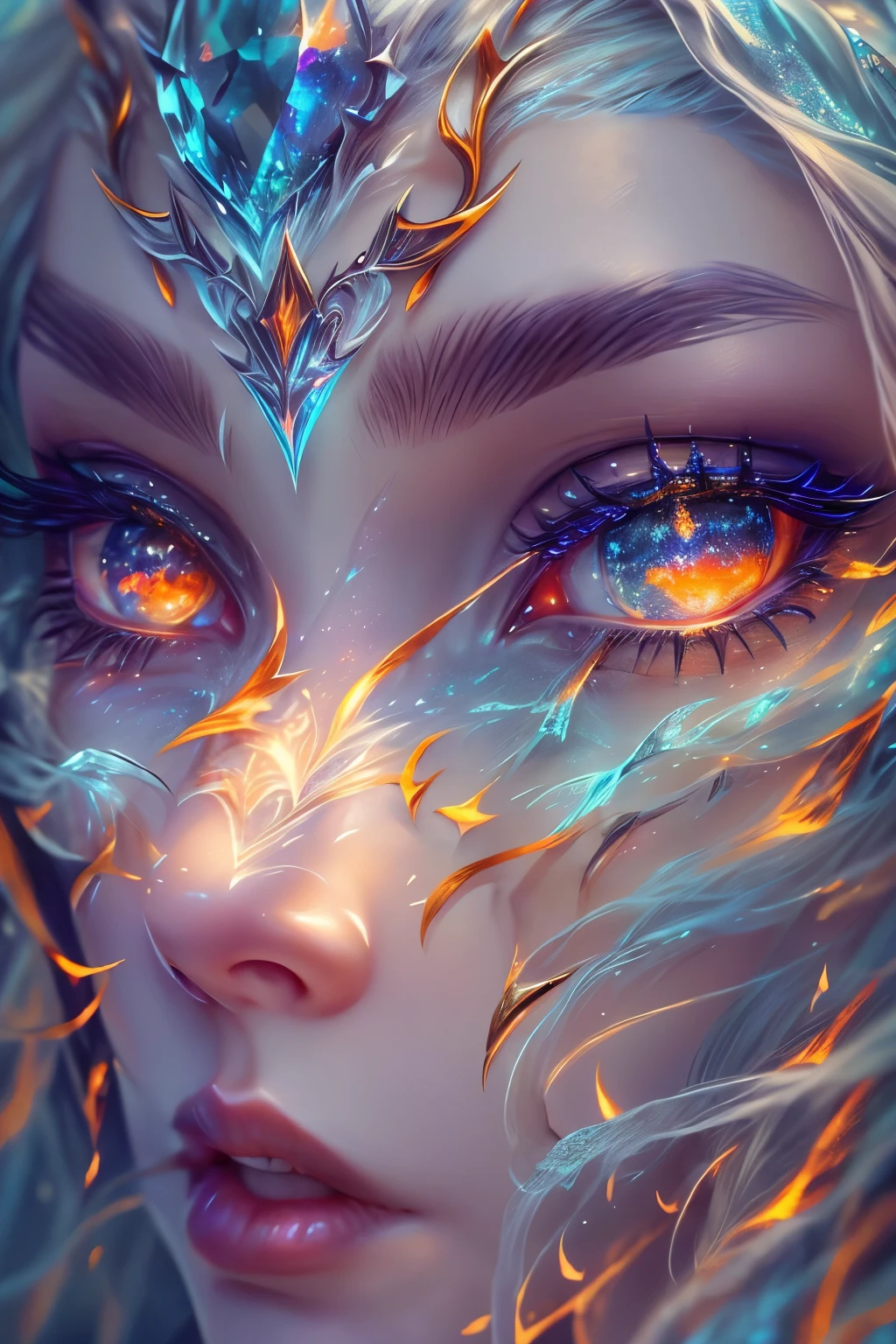 This (realistic fantasy) art contains embers, real flames, real heat, and realistic fire. Generate a masterpiece artwork of a  female ice druid with large (((blue and white))) eyes. The fire druid is awe-inspiring with beautiful ((realistic fiery eyes)) alight with confidence and power. Her features are elegant and well defined, with ((soft and puffy lips)), elven bone structure, and realistic shading. Her eyes are important and should be the focal point of this artwork, with ((extremely realistic details, macro details, and shimmer.)) She is wearing a billowing and glittering dress made of realistic flames and jewels that glimmer in the fire light. Wisps of fire and smoke line the intricate bodice of the dress. Include bumps, stones, fiery iridescence, glowing embers, silk and satin and leather, an interesting background, and heavy fantasy elements. Camera: Utilize dynamic composition techniques to enhance the realistic flames.