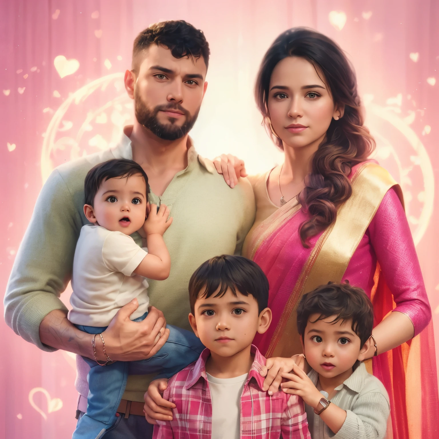 there is a man and woman holding a  and a boy baby, happy family with boys, family portrait, nft portrait, high quality portrait, profile pic, family, movie promotional image, highly detailed vfx portrait, promotional art, highly detailed vfx portrait of, profile picture, complex background, portrait of a pink gang,  family, detailed portrait, photo realistic portrait