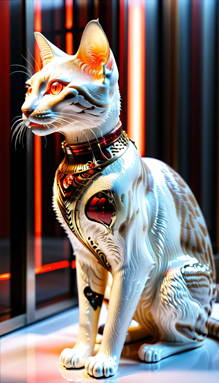 There is no one, realistic photo, realism, Singapura (Singapore) cat, future oriented, metal decoration, Shining red light inside, hollow interior, Polish, ray tracing, perfect composition, intricate details, Very sharp, masterpiece, profile, high resolution