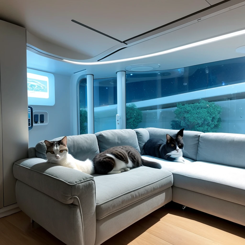 Gentle and loving space age house cat resting on couch in Futuristic house