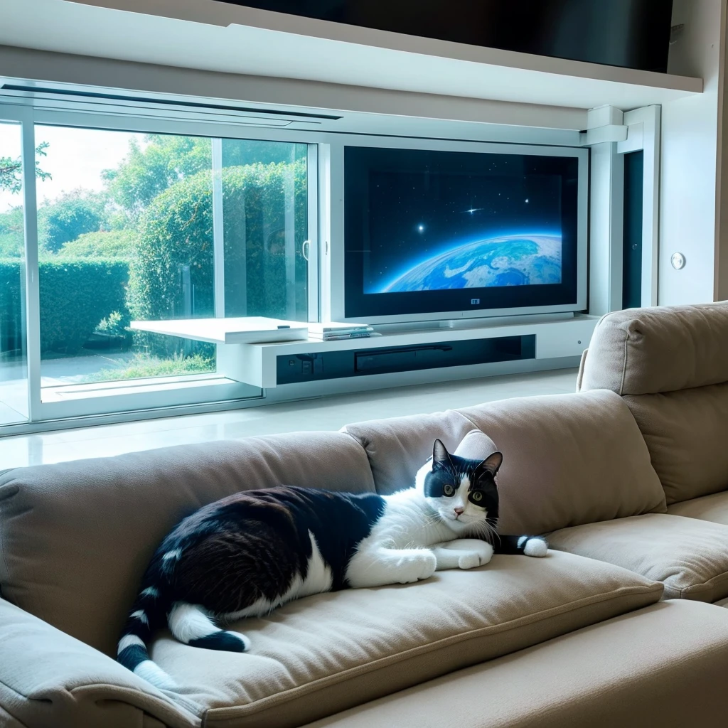 Gentle and loving space age house cat resting on couch in Futuristic house