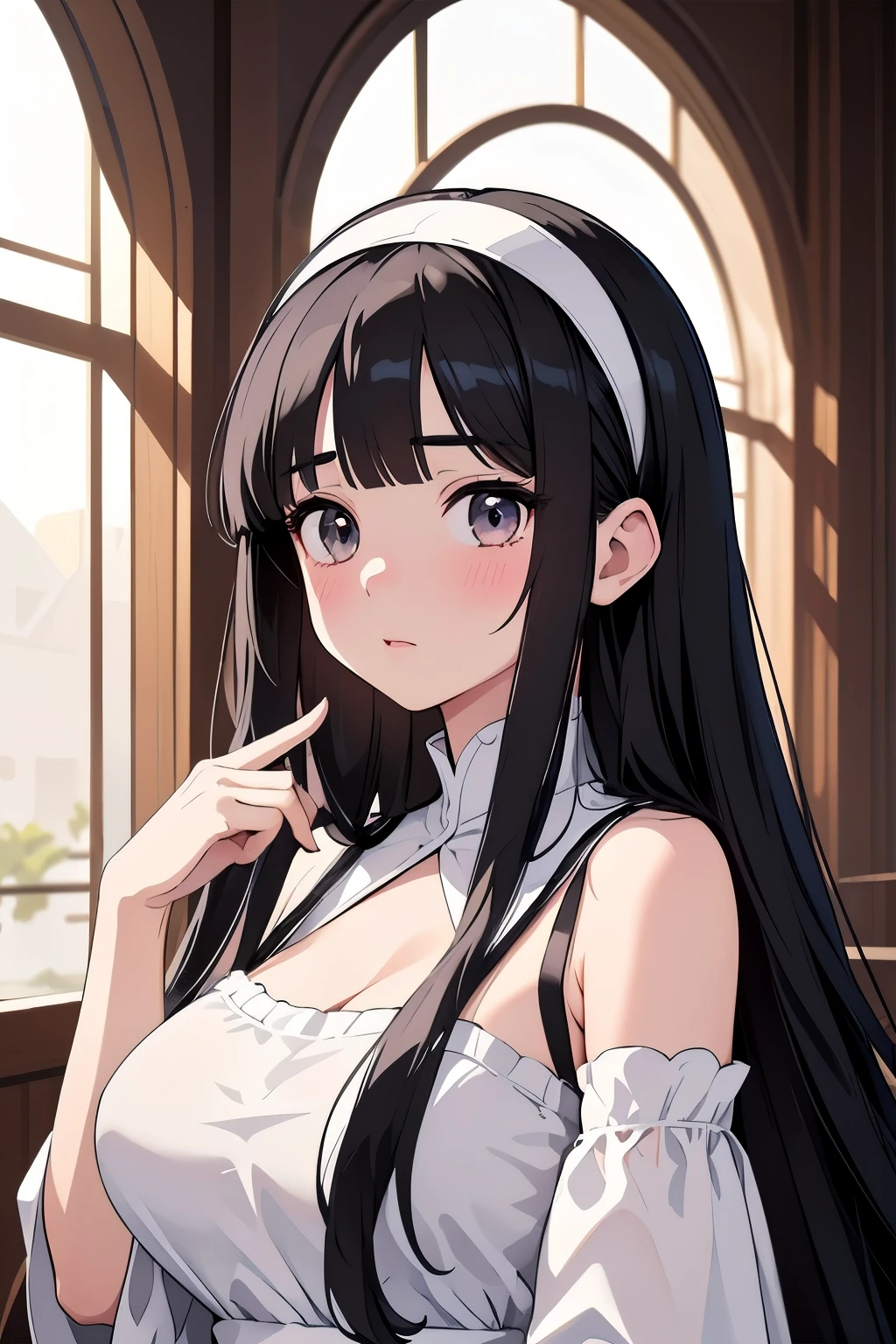 masterpiece、Highest quality、Very detailed、Beautiful lighting、Big Breasts、[[Kind eyes]]、Long black hair、White Dress、noble、palace、[[White Dress:2]]、Blushing、I'm Doing Odd、[[Straight long hair with forehead visible]]、((The bangs are held in place with a headband))