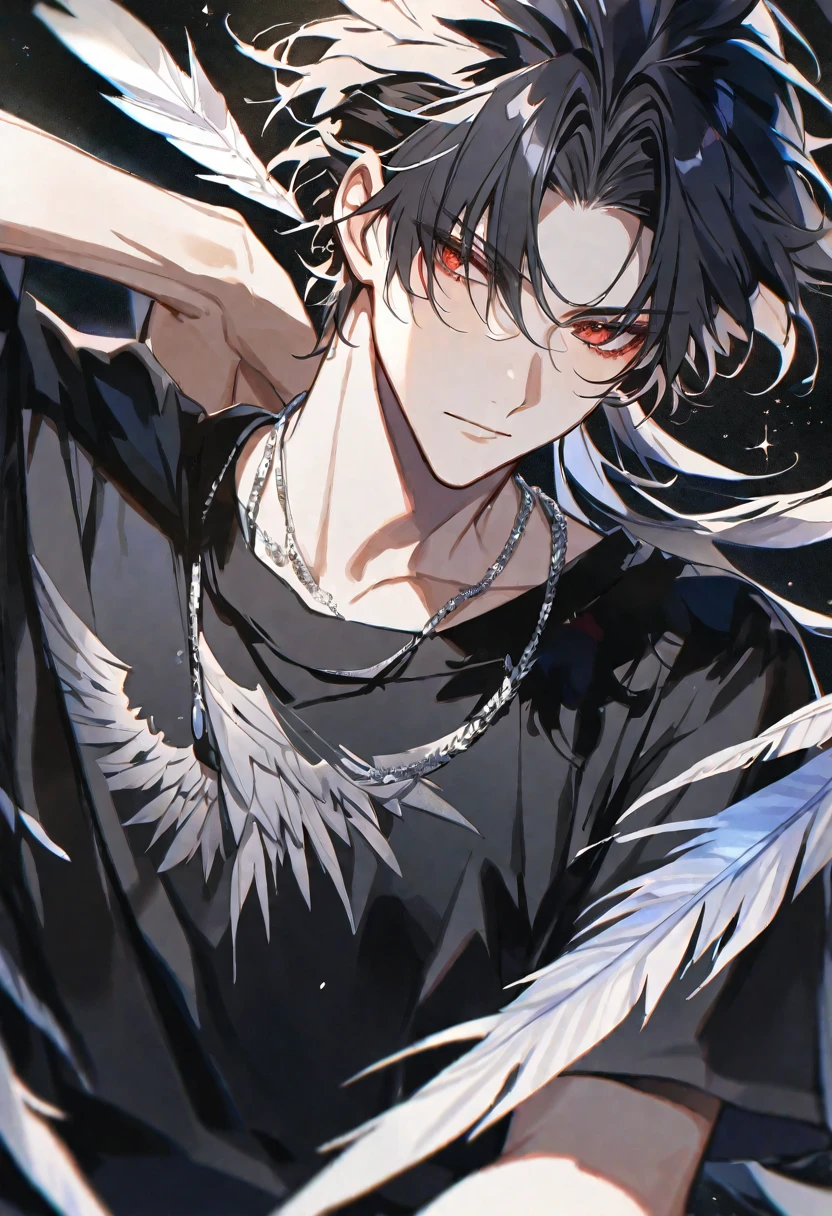 Solo,handsome,Watercolor,
delicate,4K,
1. male,

black hair and half White hair, ponytail,
red eyes,
angel's feather, The Fallen Angel's Feather,
a black oversized T-shirt,
silver necklace,
improvement of face, front, sparkle,Face up,
black background