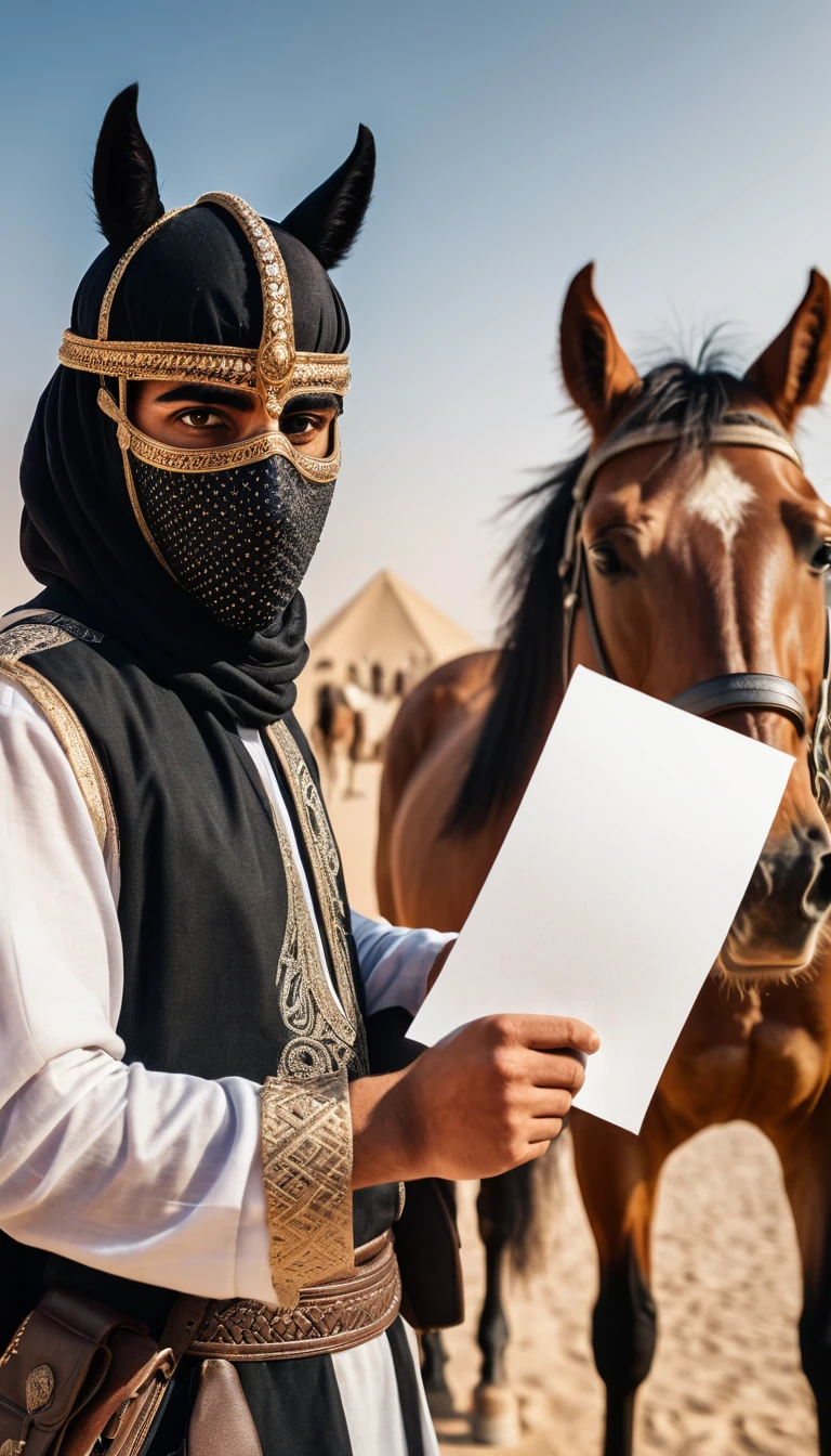 A captivating image of a masked Arab warrior standing near a horse with a blank letter in his hand, which he opens and shows to the camera, focusing on it