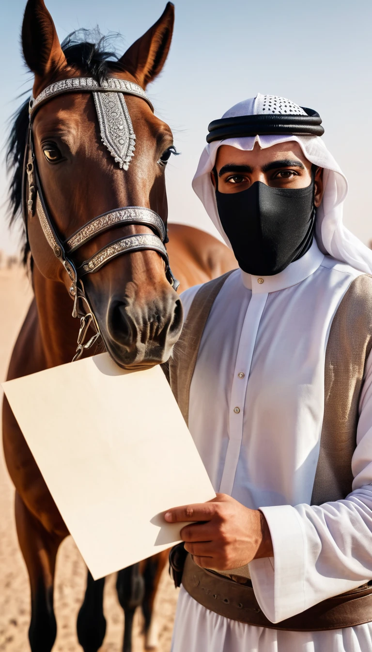 A captivating image of a masked Arab warrior standing near a horse with a blank letter in his hand, which he opens and shows to the camera, focusing on it