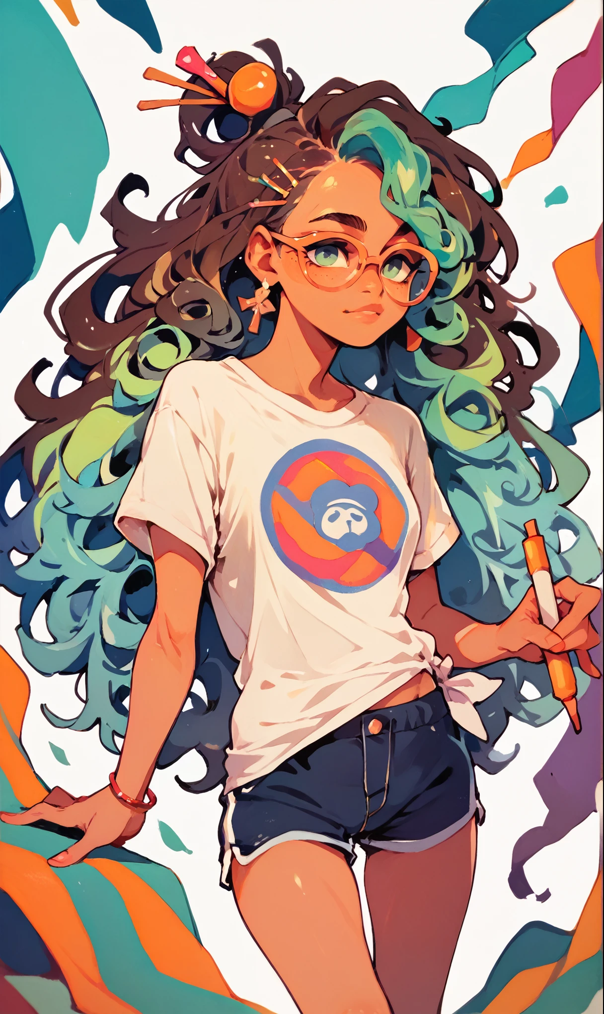 (score_9, score_8_up), score_7_up, score_6_up, score_5_up, score_4_up, 1girl, rim lights, brown skin, curly hair, long hair, hair pin, white background, vibrant, high contrast, painterly, traditional oil paint, white t-shirt with panda face design on it, black shorts, glasses,
