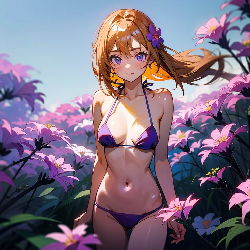 purple flowers, anime, cute, shiny, bikini