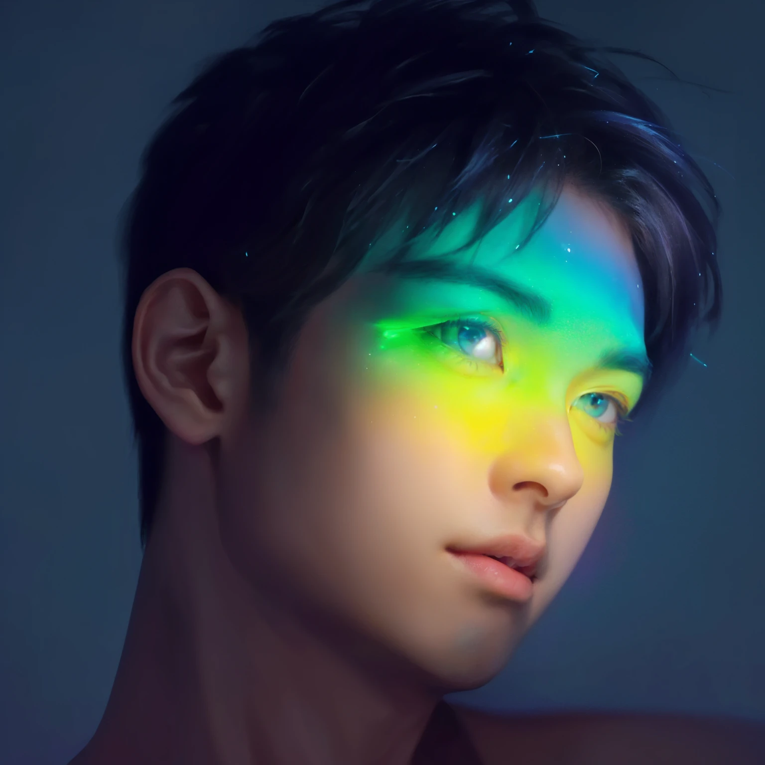 arafed image of a man with a rainbow light on his face, inspired by Yanjun Cheng, inspired by Russell Dongjun Lu, with glowing yellow eyes, glowing with colored light, yanjun chengt, bright multiple glowing eyes, glowing aesthetic, magical glowing eyes, brightly glowing eyes, neon glowing eyes, glowing rainbow face, with glowing eyes, glowing magical eyes,cool boy,good-looking,Asian boy,((looking up))