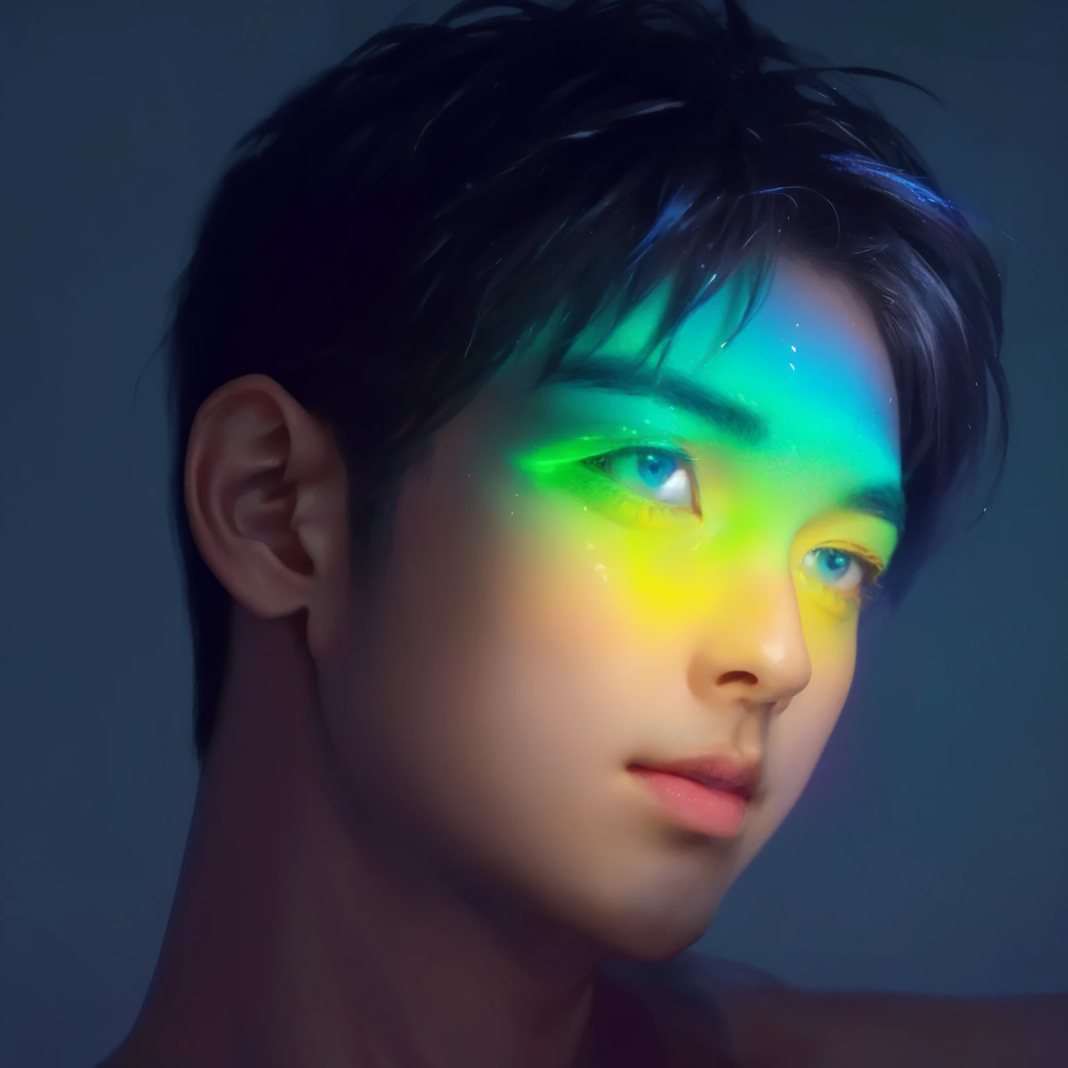 arafed image of a man with a rainbow light on his face, inspired by Yanjun Cheng, inspired by Russell Dongjun Lu, with glowing yellow eyes, glowing with colored light, yanjun chengt, bright multiple glowing eyes, glowing aesthetic, magical glowing eyes, brightly glowing eyes, neon glowing eyes, glowing rainbow face, with glowing eyes, glowing magical eyes,cool boy,good-looking,Asian boy,((looking up))