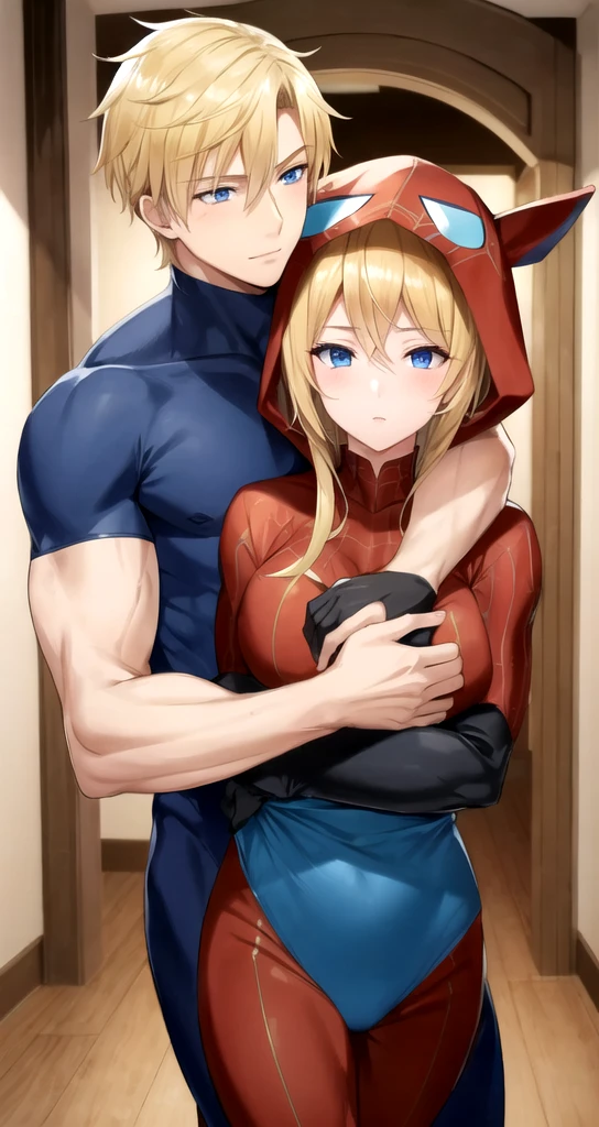 A blond young man, blue eyes, muscles, a spider costume, and a girl, brown hair, blue eyes, dimples, red cheeks, a spider costume, marital relationship, a hug from behind, sexy