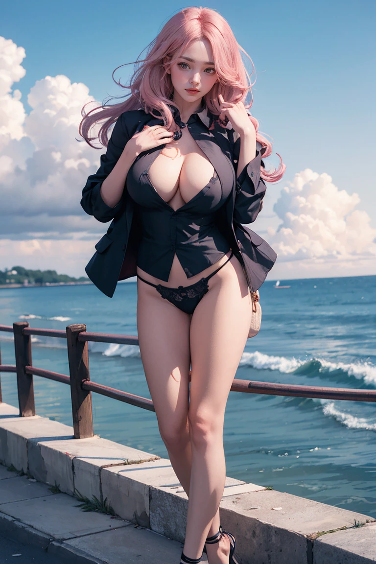 4K, (masterpiece), Highest quality,, ((Browsing Caution:0.9)), (Unbuttoned shirt), panties, (Big Breasts), Nipples, Long pink hair, blue eyes, smile, Full Height, Clear Eyes, Black eyelashes, (intricate and detailed), dramatic, tendency,Full Body Shot,Centered,Wild feeling,Ocean,