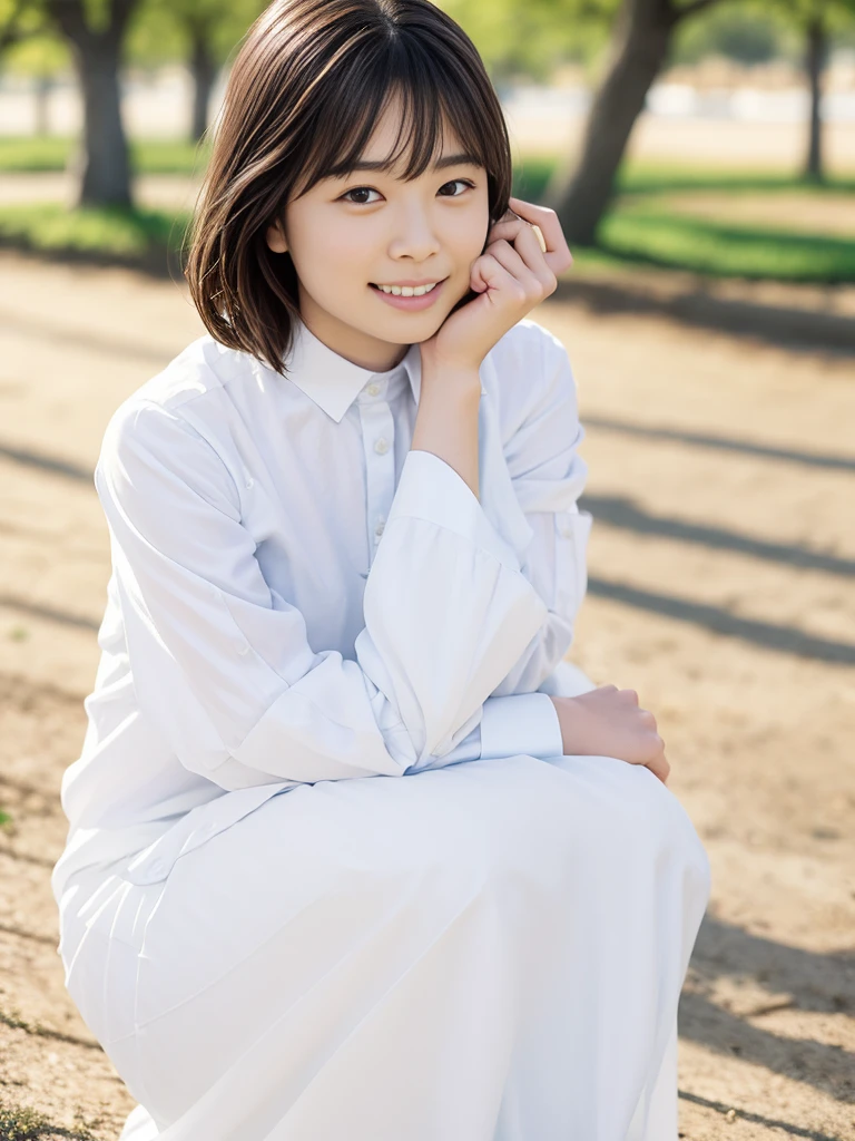 Highest quality, Realistic, 8K, High resolution, Full Color, One girl, woman, 20 years old woman, (Mouth closed:1.73), (Skin Dentition), (Portraiture:0.6), wood, Park bench, Dawn, ((Park Background:1.52)), Full Color, ((White shirt:1.58)), View your viewers:1.8, (One girl eyes View your viewers:1.55), (Medium Hair, Brown Hair, Parted bangs:1.45), (Bokeh),
information