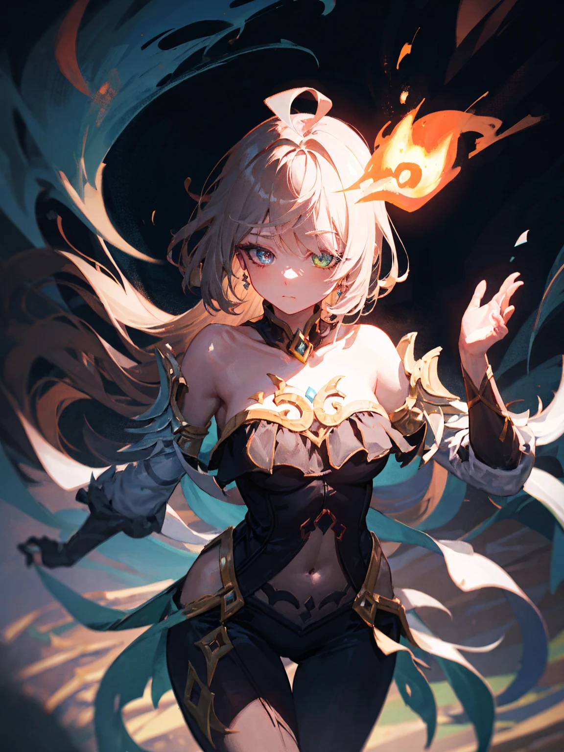 An outstanding painting of a beautiful white girl, flaming, surrounded by flames, dota2 fire girl style, ghost knife style, fire-like hair, long red hair, (hair over one eye), (heterochromia), nude, (completely nude), large breasts, detailed collarbone, perfect collarbone, watery blue big eyes, thin waist, wide hips, magic colors, World of Warcraft style, By Blizzard Entertainment, Ultra HD, 8K, real skin texture, best light, best shadow, Lina from dota2, action, wizarding world, small mouth, Small nose, big eyes, cute