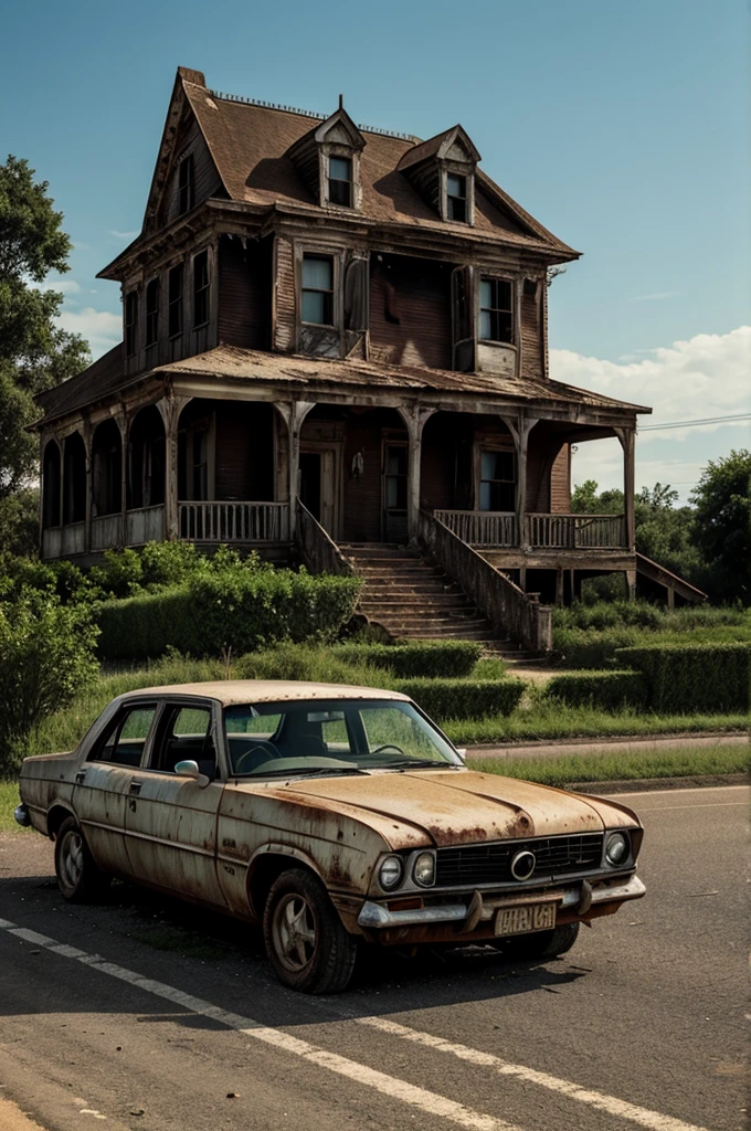 "A car abandoned on a deserted road with an old haunted house in the background."