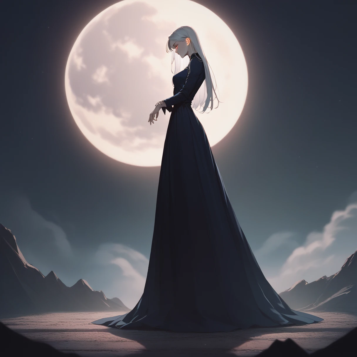 score_9, score_8_up, score_7_up,score_6_up, score_5_up, light and shadow, high res, 1girl, white long hair, red glowing eyes, (black long dress), standing in a dark road, dark sky with moon light,
owstyle