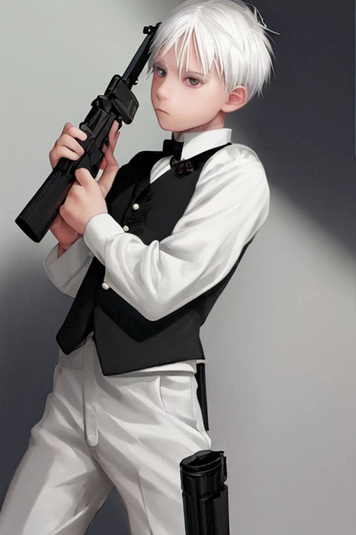 a boy with white hair with a gun
