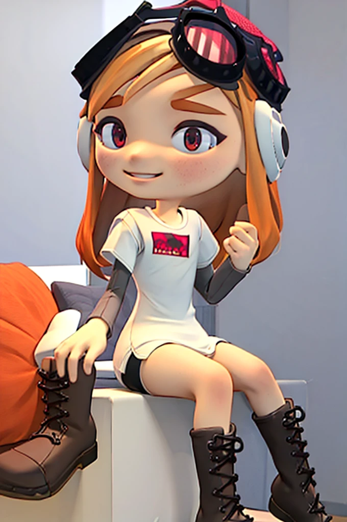 masterpiece, best quality, meggy, headphones, goggles on head, white shirt, layered sleeves, spandex shorts, brown boots, full body, smile, sitting in living room with video game controller