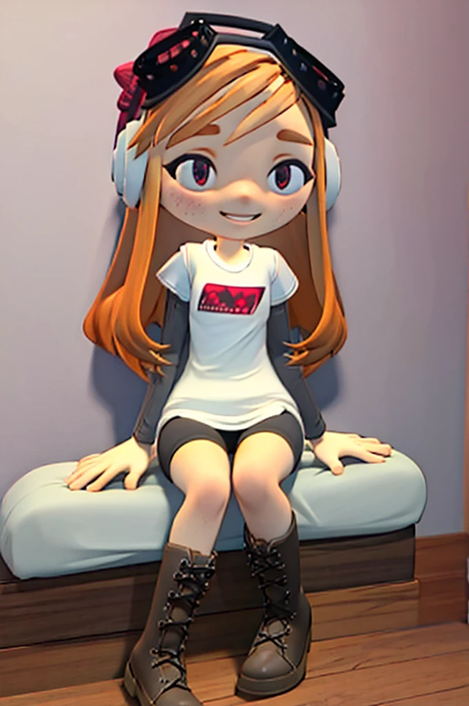 masterpiece, best quality, meggy, headphones, goggles on head, white shirt, layered sleeves, spandex shorts, brown boots, full body, smile, sitting in living room with video game controller