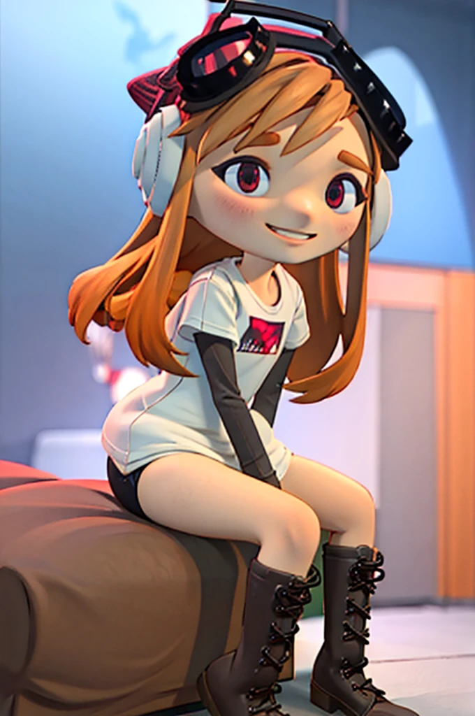 masterpiece, best quality, meggy, headphones, goggles on head, white shirt, layered sleeves, spandex shorts, brown boots, full body, smile, sitting in living room with video game controller