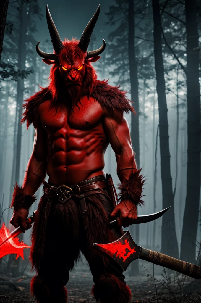 A red beast with an axe and two horns and with glowing yellow eyes